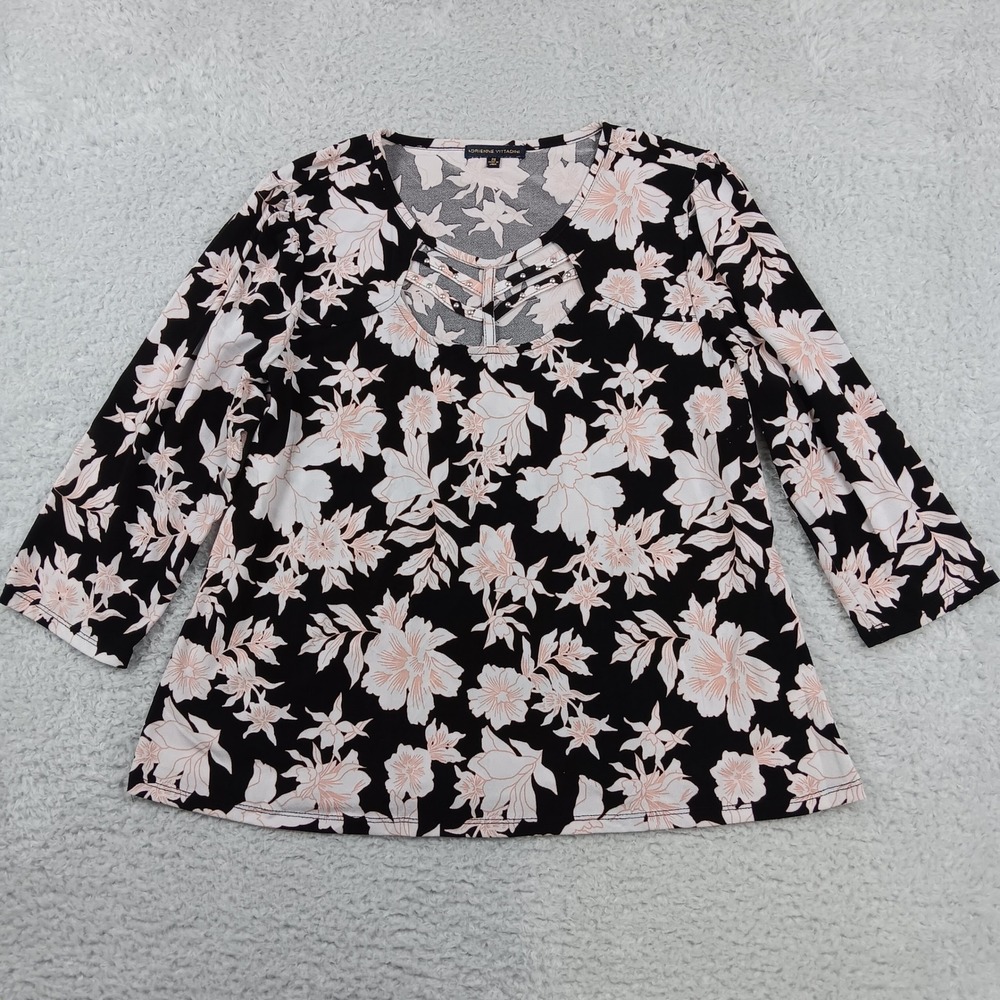 Adrienne Vittadini Floral Top Women 2X Black Pink Studded Cutout VK32727X